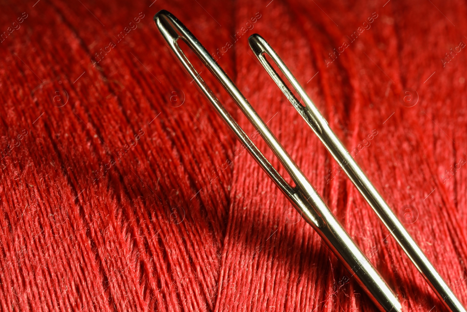 Photo of Spool of red sewing thread with needles, macro view