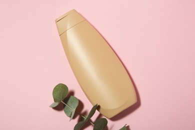 Photo of Bottle of shampoo and eucalyptus branch on pink background, flat lay