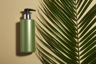 Photo of Bottle of shampoo and palm leaf on beige background, flat lay