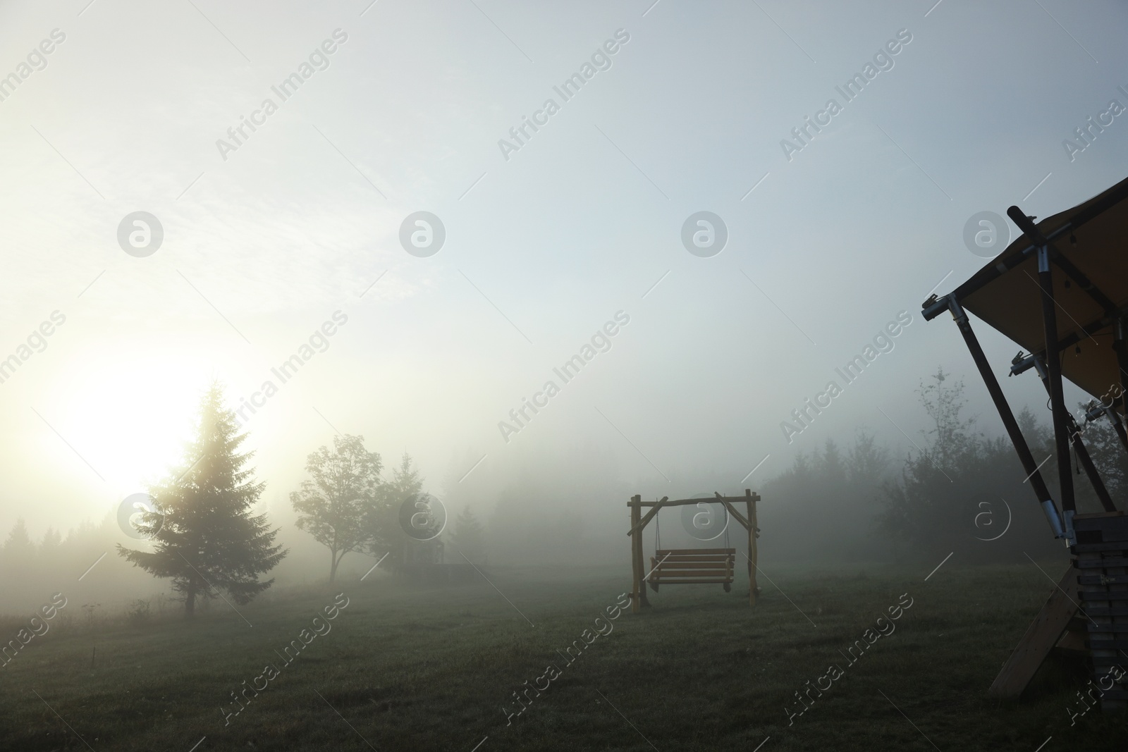 Photo of Wooden swing and trees covered with fog in morning