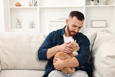 Man petting cute ginger cat on sofa at home