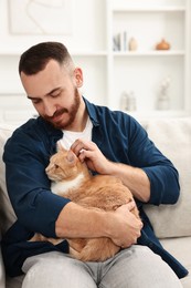 Man petting cute ginger cat on sofa at home