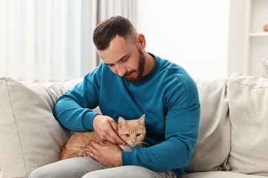 Man petting cute ginger cat on sofa at home