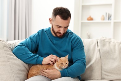 Man petting cute ginger cat on sofa at home