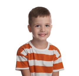 Photo of Portrait of cute little boy on white background