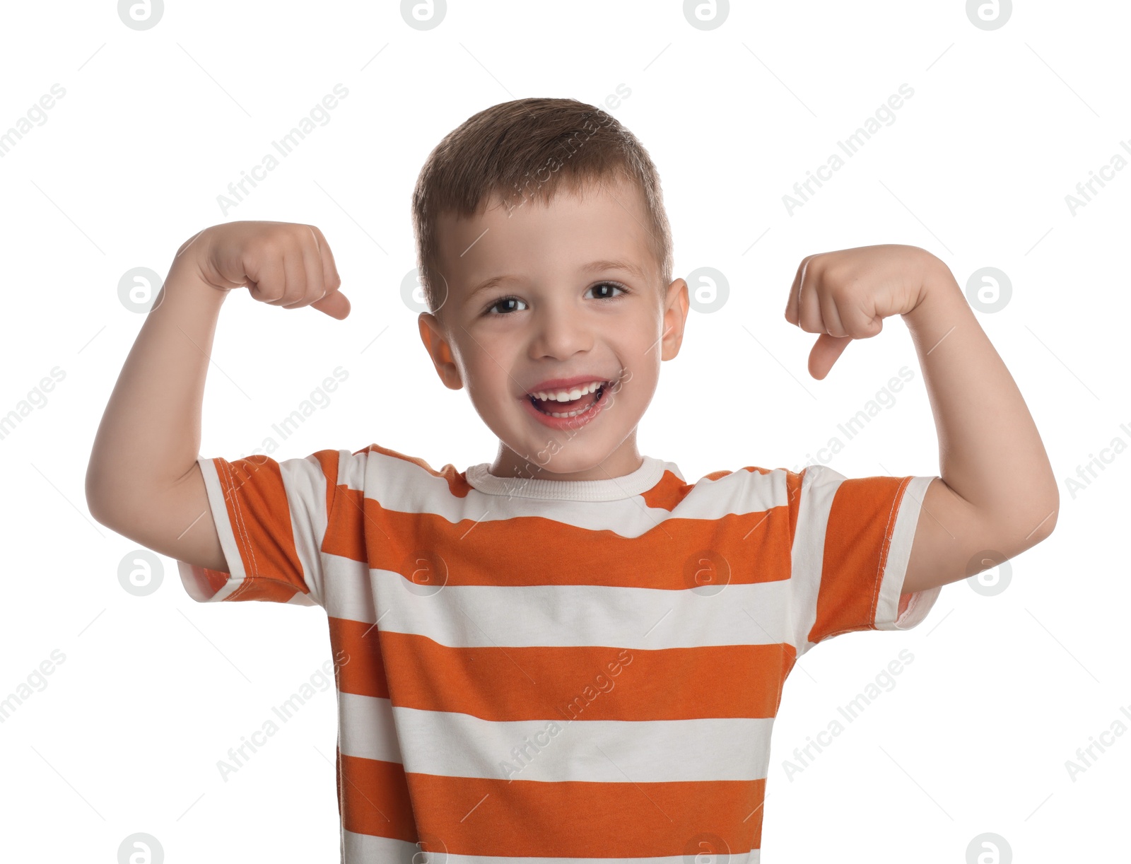 Photo of Cute little boy showing his biceps on white background