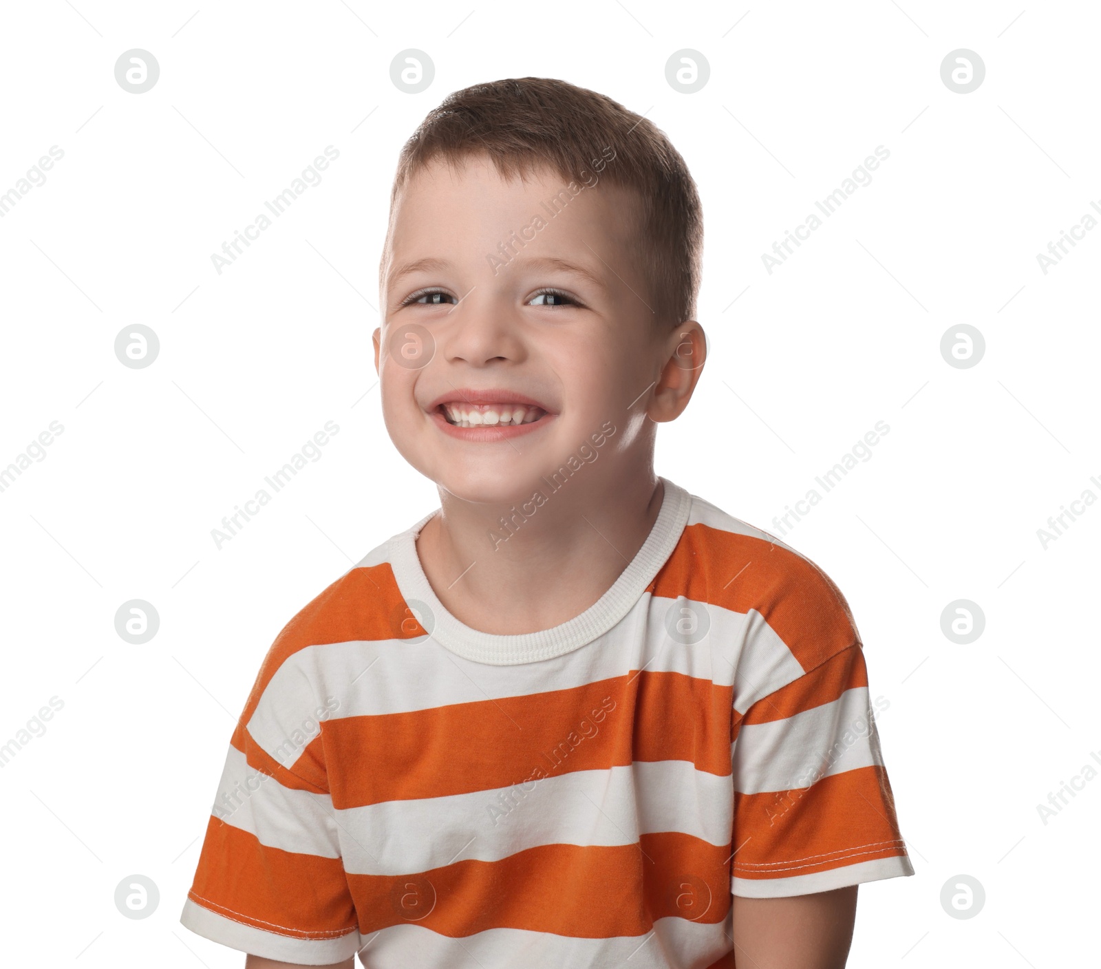 Photo of Portrait of cute little boy on white background