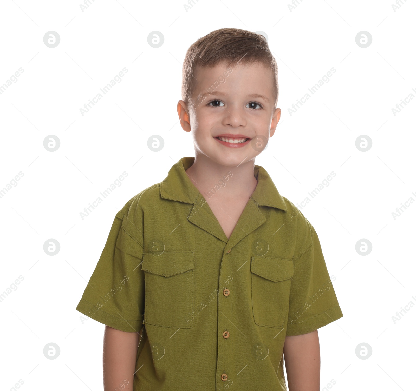 Photo of Portrait of cute little boy on white background