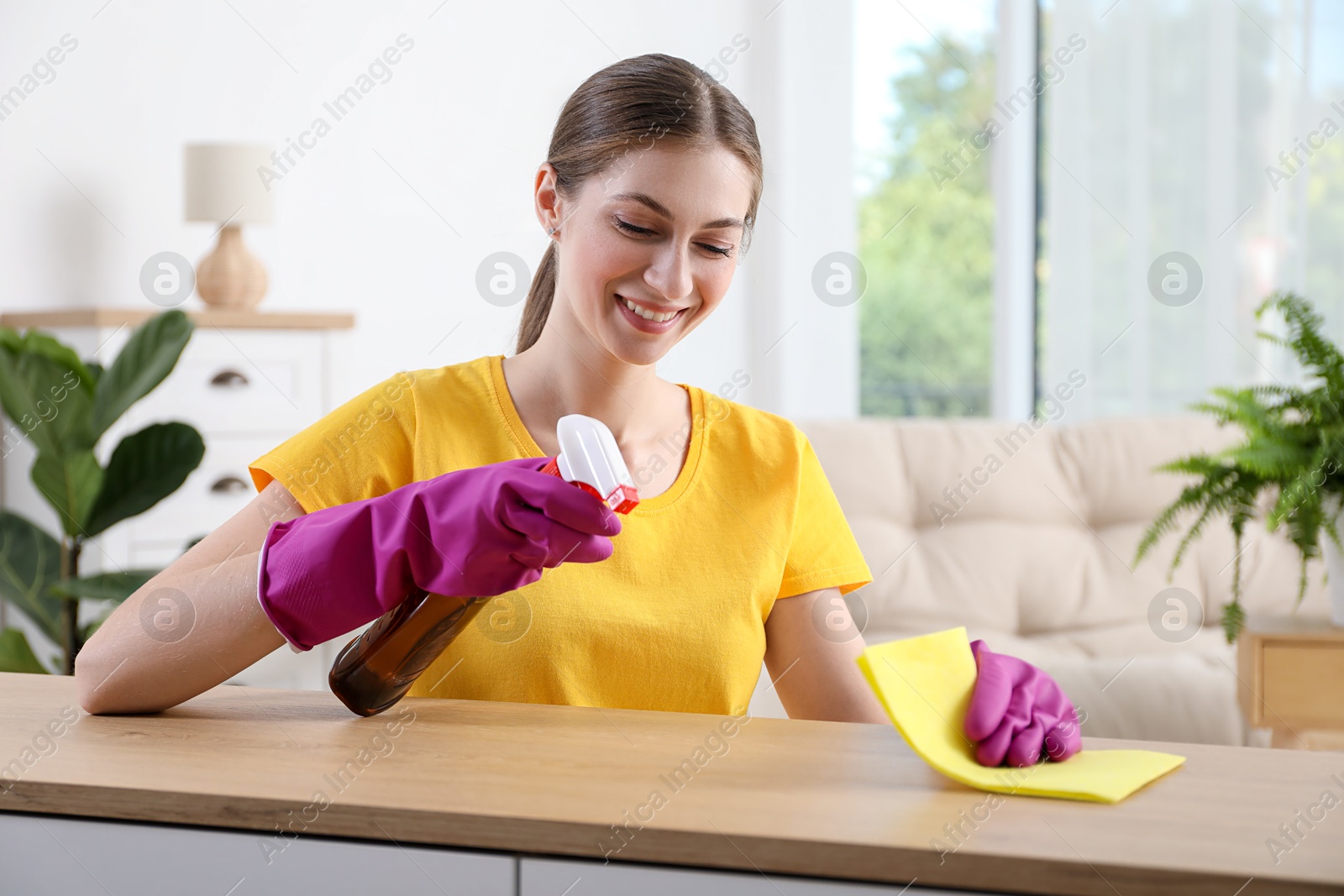 Photo of Young woman cleaning table with rag and spray at home