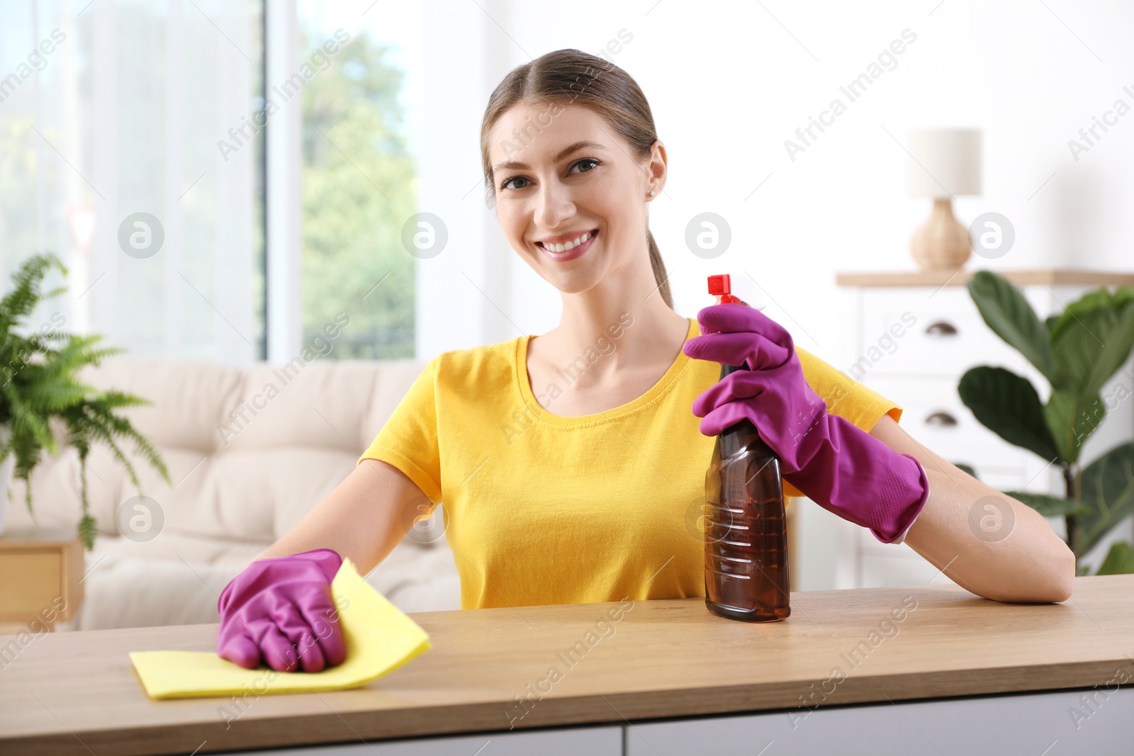 Photo of Young woman cleaning table with rag and spray at home