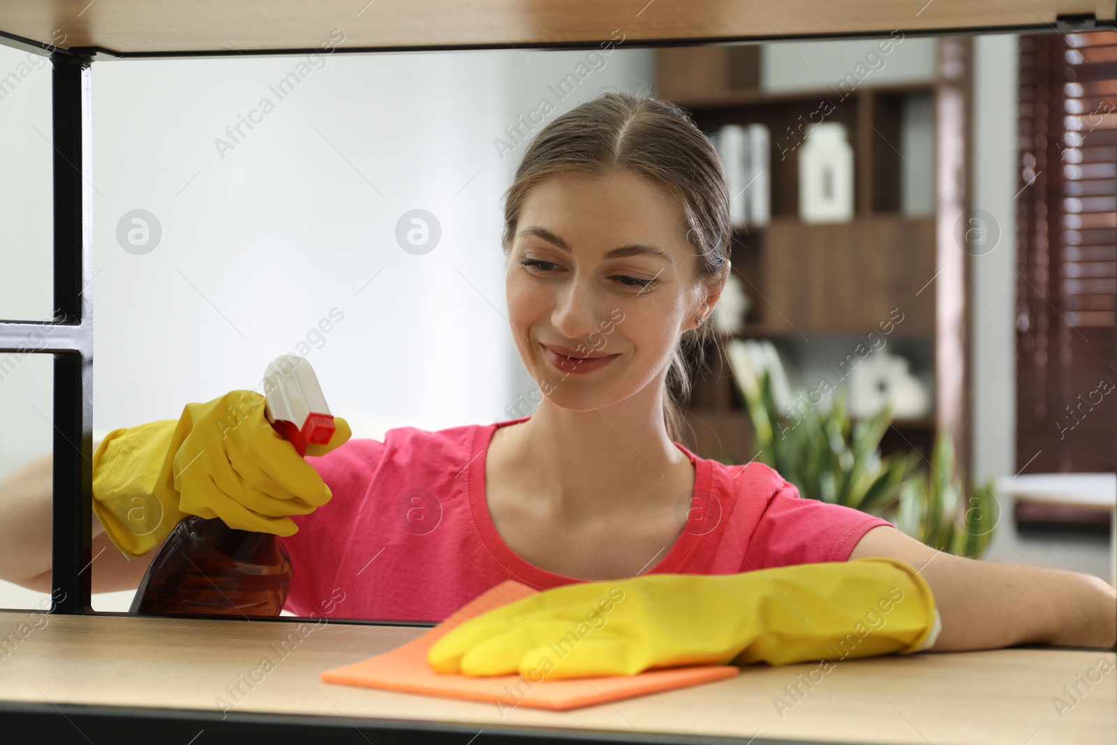 Photo of Young woman cleaning wooden shelf with rag and spray in office