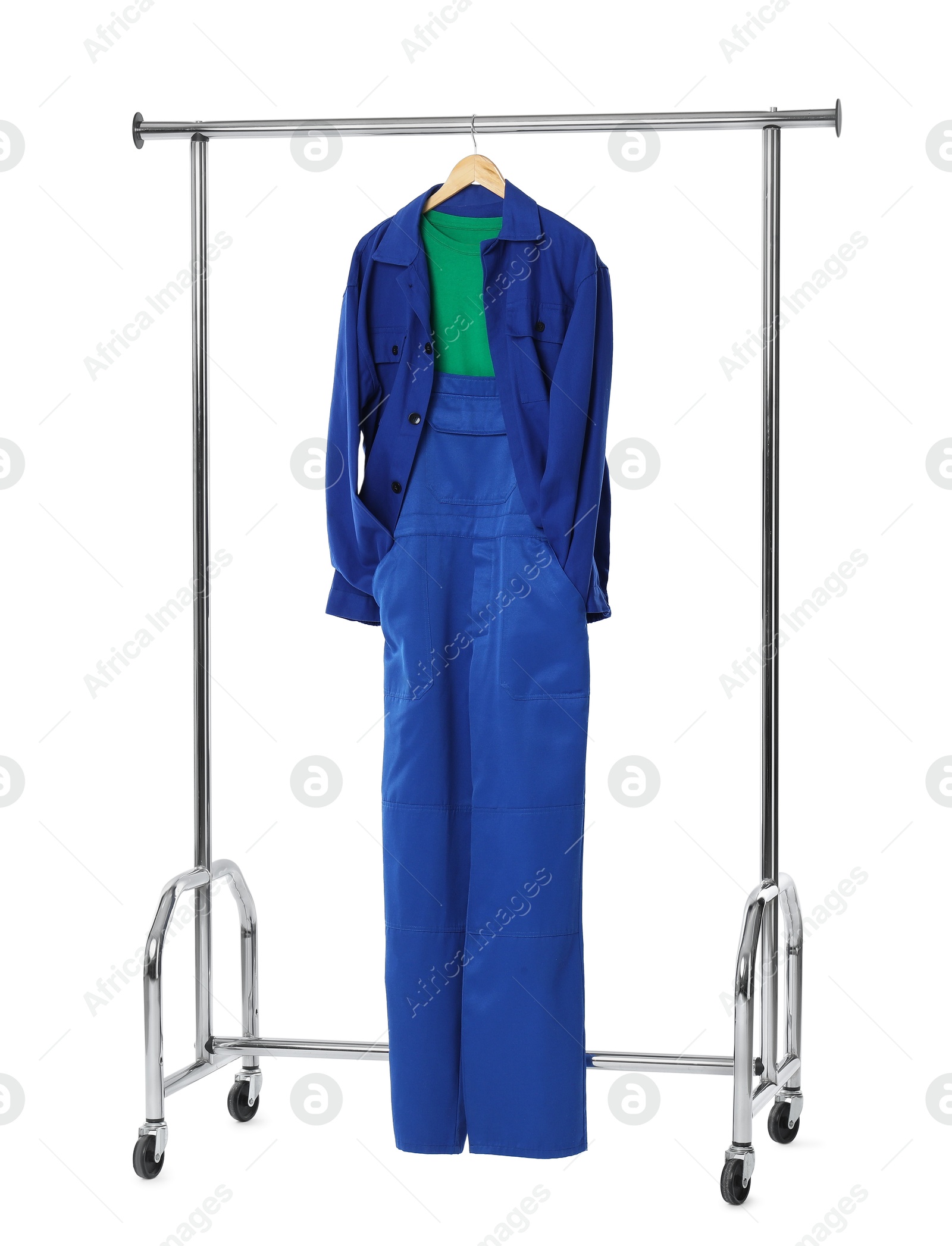 Photo of One worker's uniform on clothing rack isolated on white