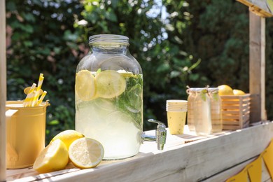 Lemonade stand with refreshing drink and fresh fruits in park