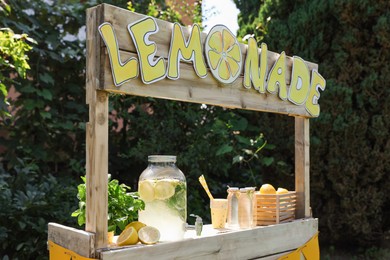 Lemonade stand with refreshing drink, fruits and mint in park