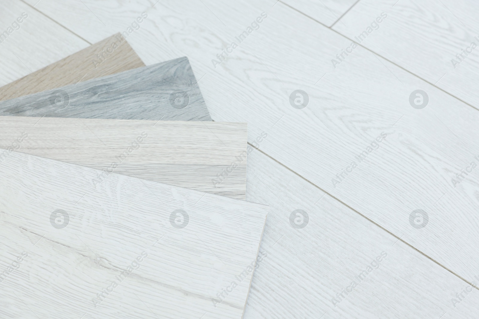 Photo of Different samples of wooden flooring indoors, space for text