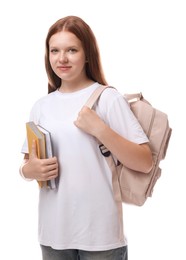 Photo of Teenage girl with backpack and books on white background