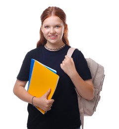 Photo of Teenage girl with backpack and books on white background