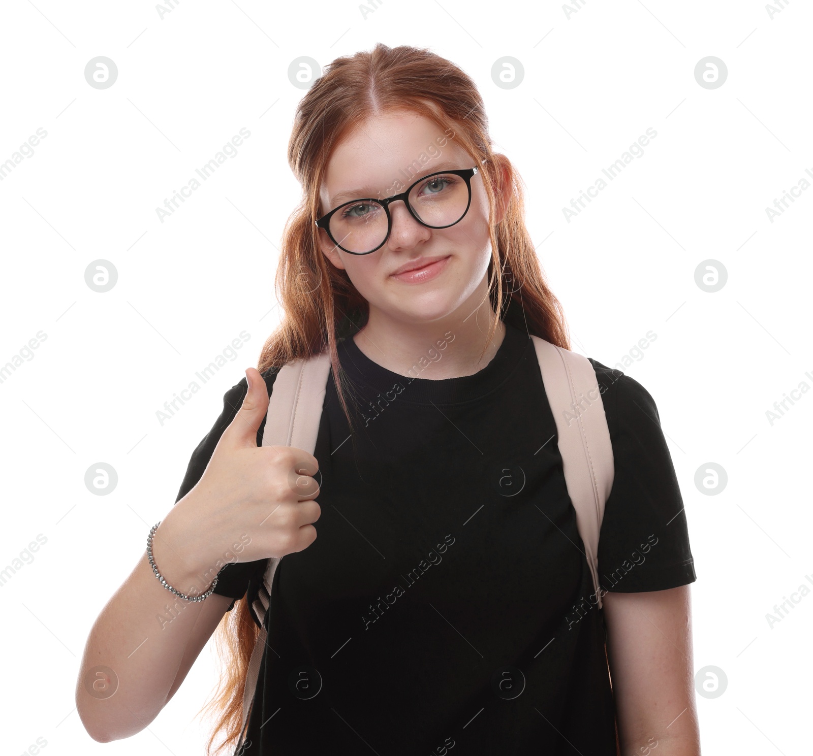 Photo of Teenage girl with backpack showing thumbs up on white background