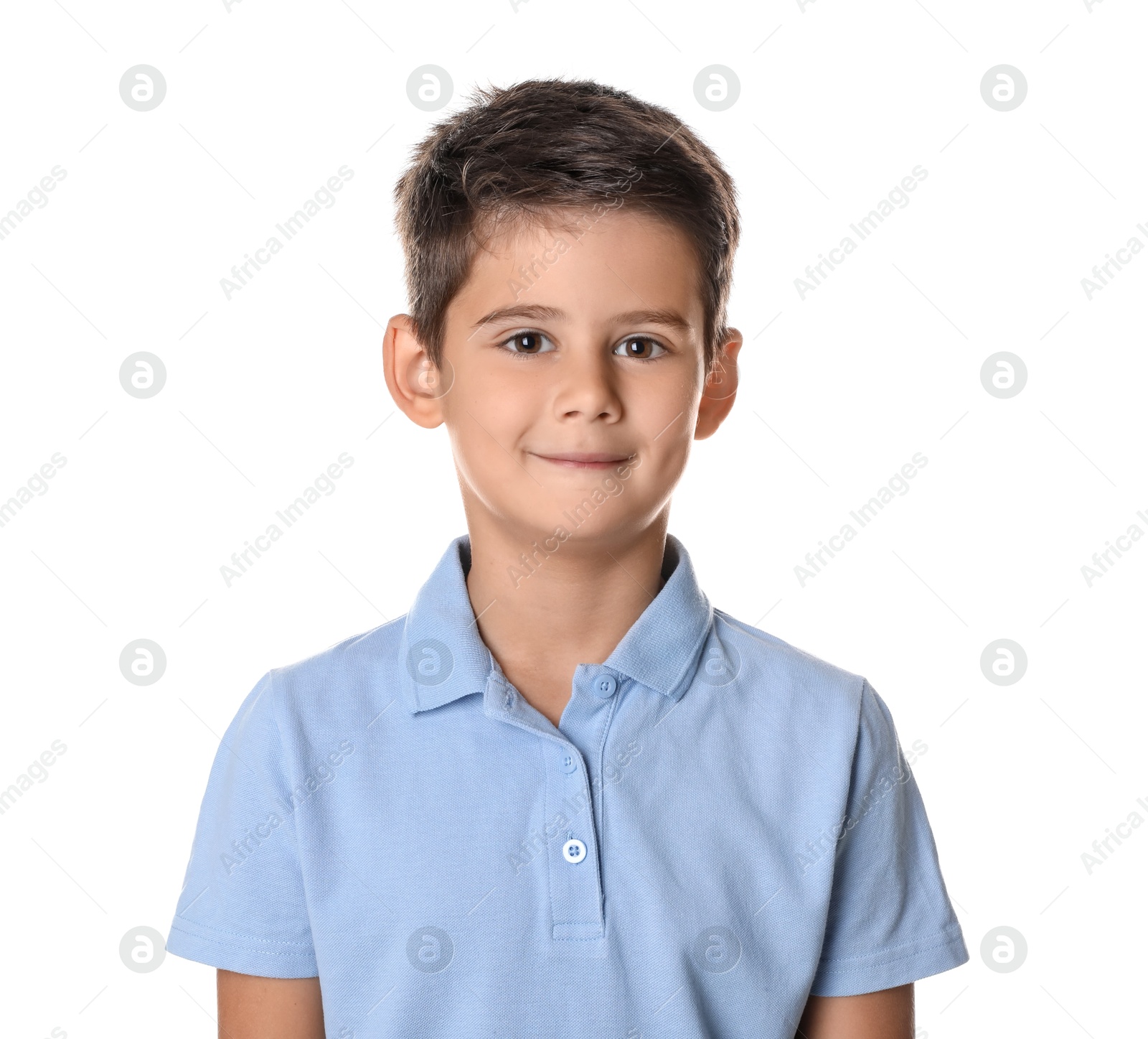 Photo of Portrait of cute little boy on white background