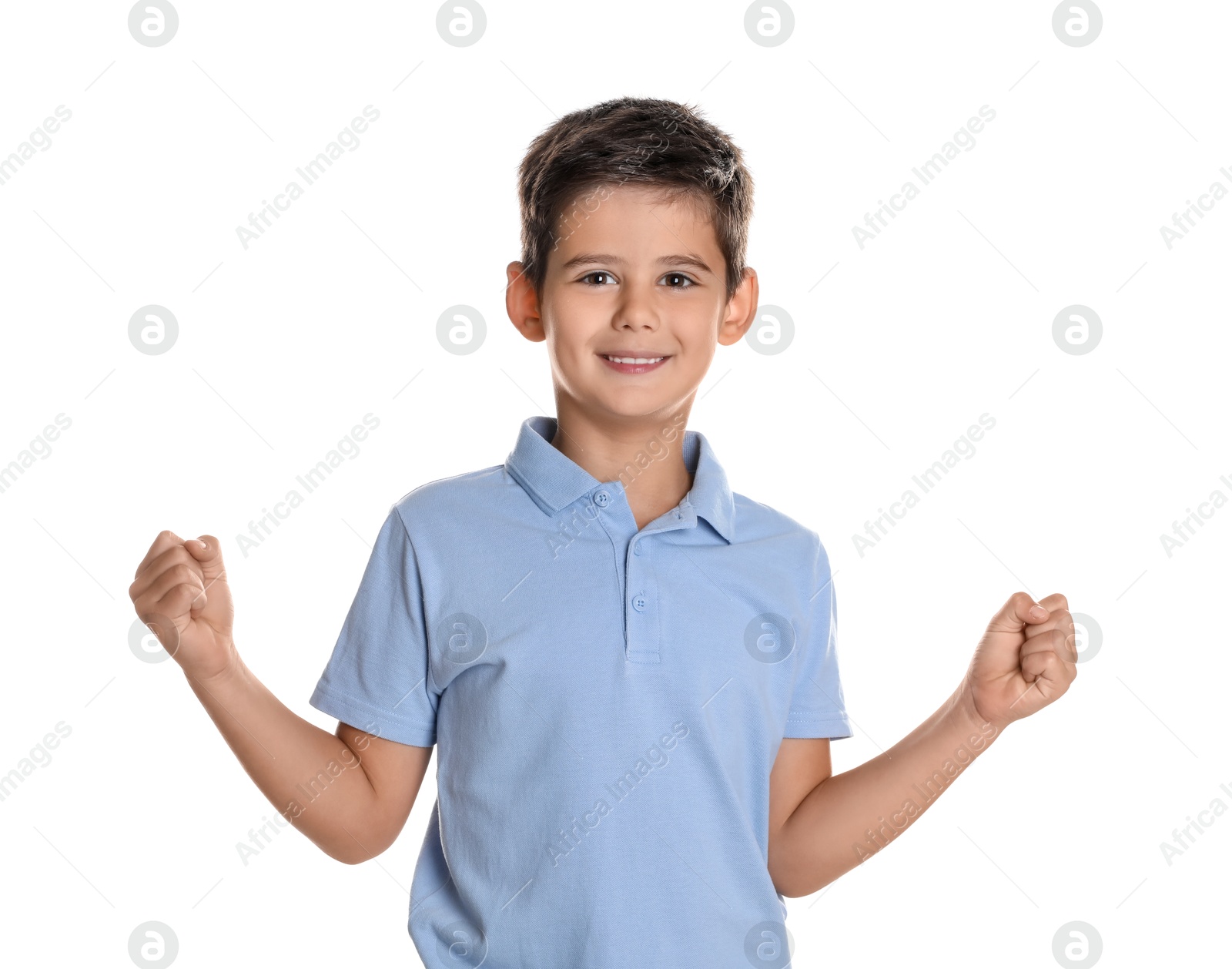 Photo of Portrait of cute little boy on white background