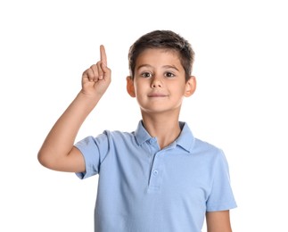 Portrait of cute little boy on white background