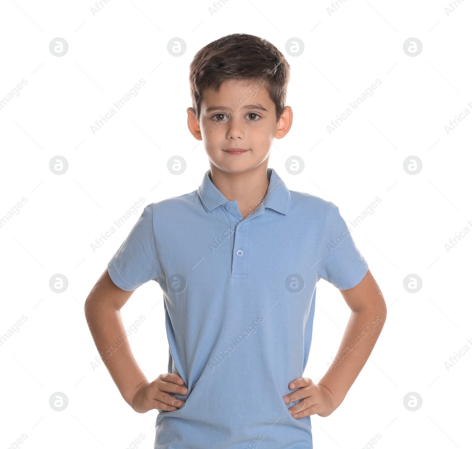 Photo of Portrait of cute little boy on white background