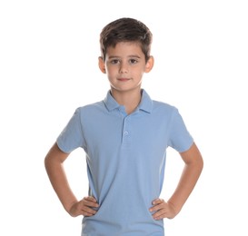 Photo of Portrait of cute little boy on white background