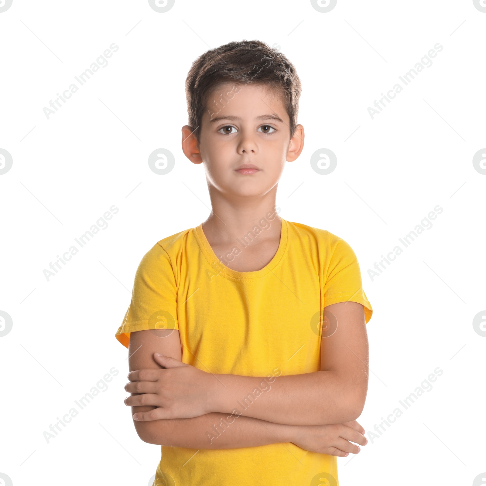 Photo of Portrait of cute little boy on white background