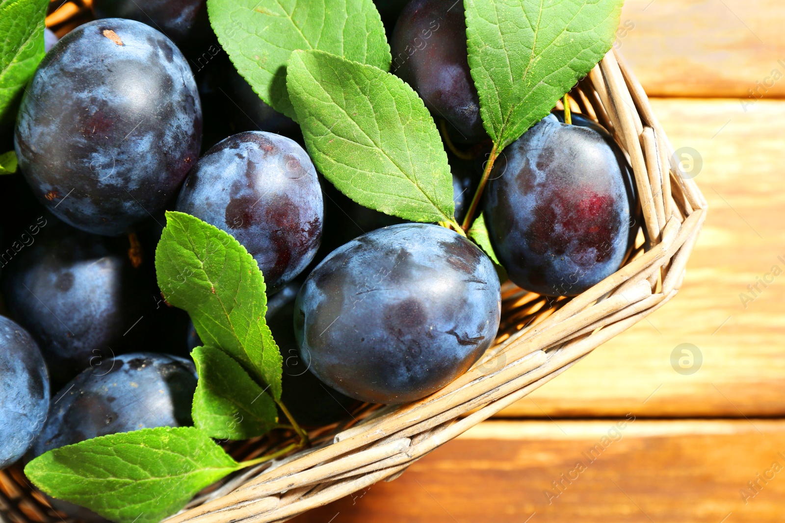 Photo of Tasty ripe plums and leaves in wicker basket on wooden table, top view