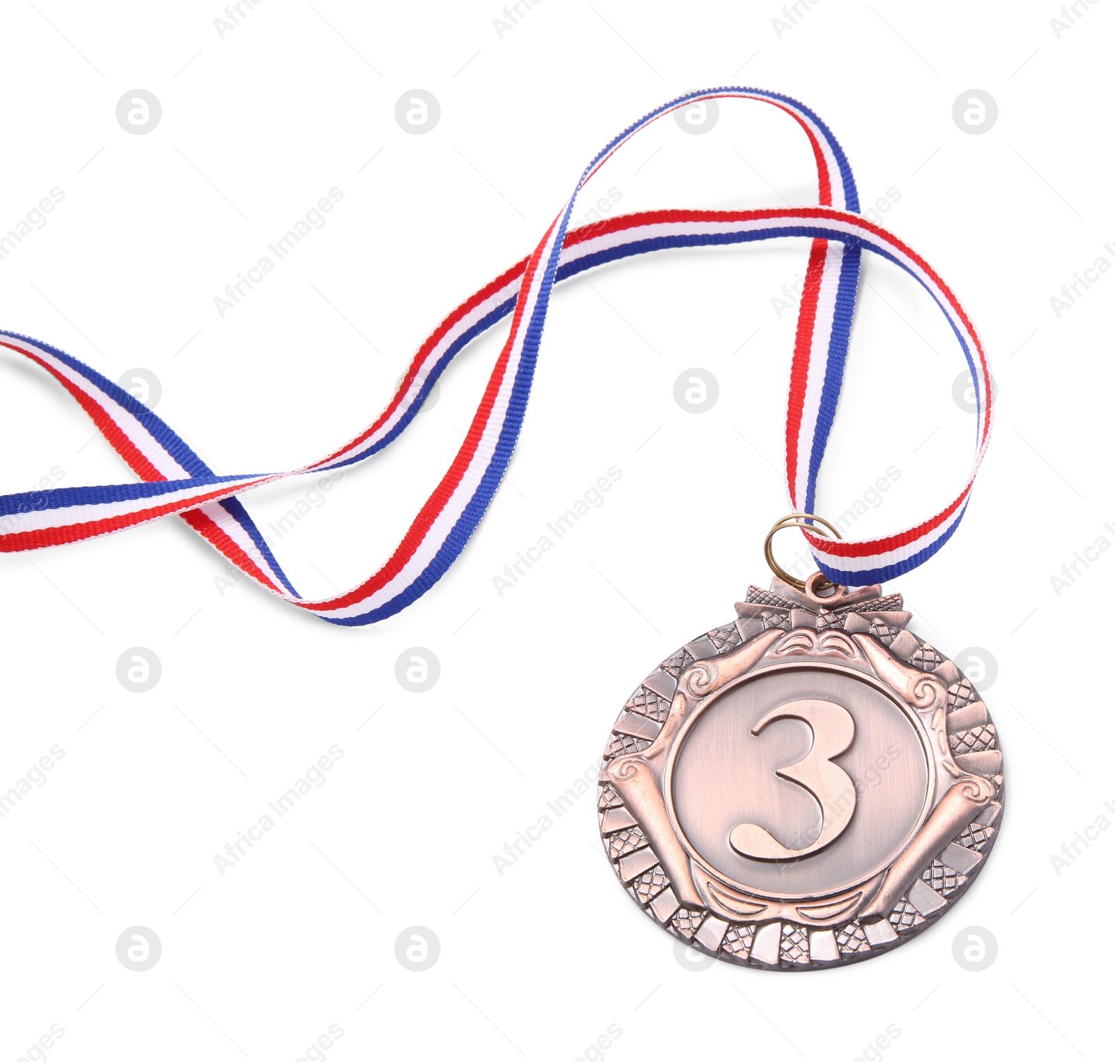 Photo of Bronze medal with striped ribbon isolated on white