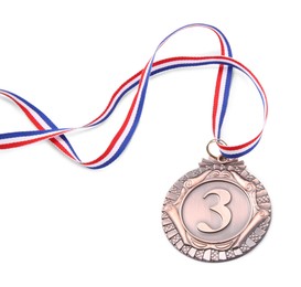 Photo of Bronze medal with striped ribbon isolated on white