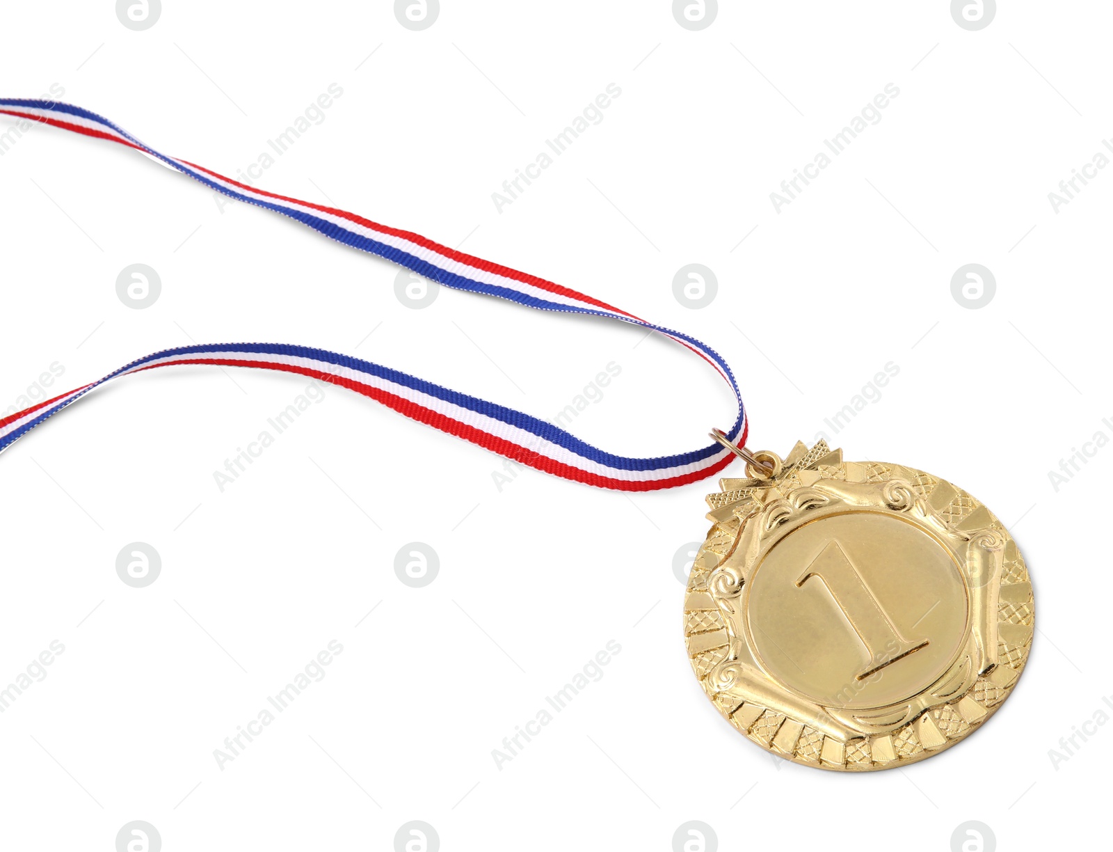 Photo of Golden medal with striped ribbon isolated on white