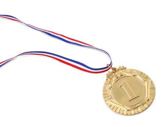 Photo of Golden medal with striped ribbon isolated on white