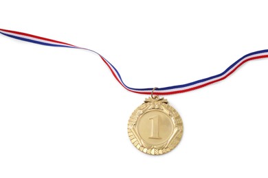 Photo of One golden medal isolated on white, top view