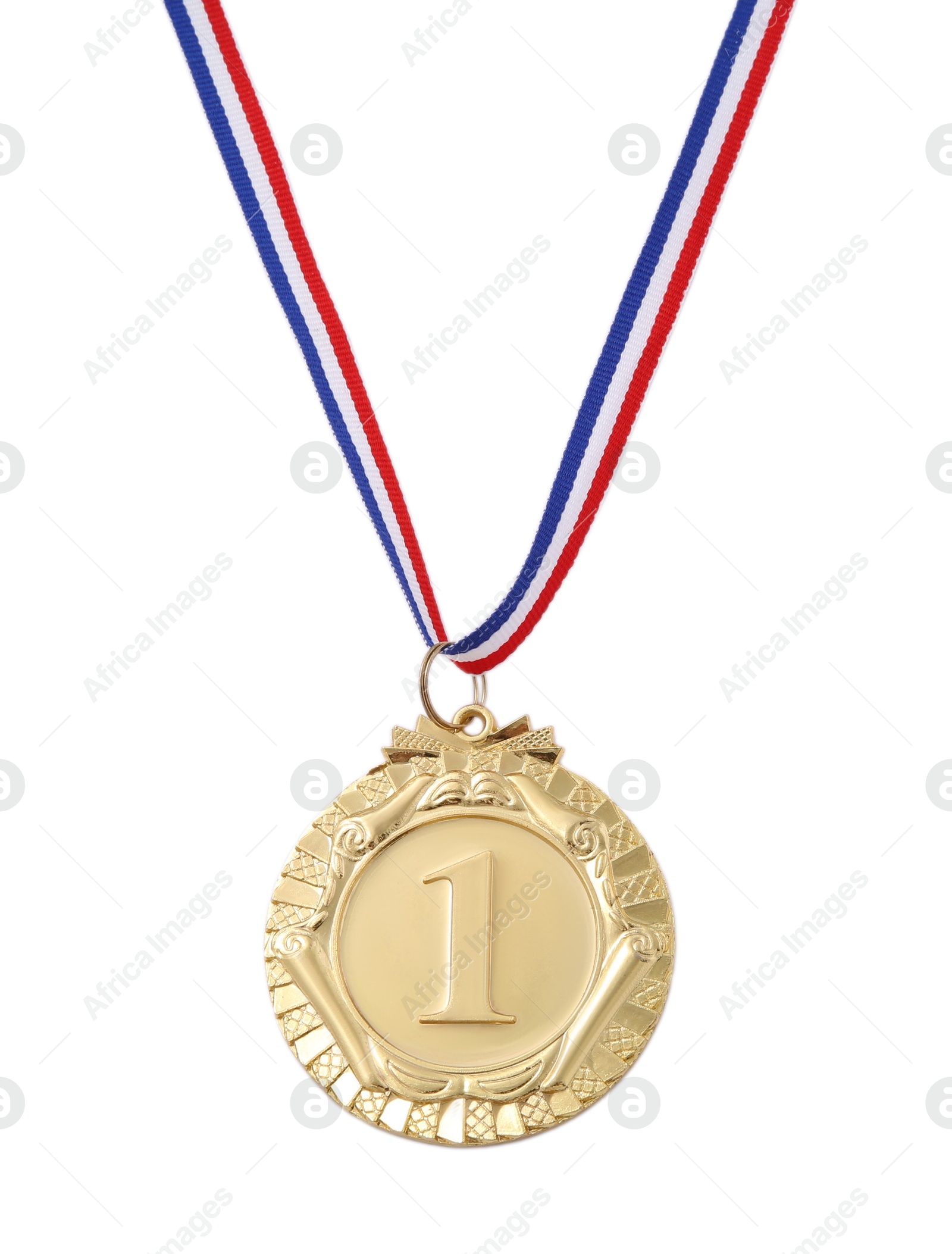 Photo of One golden medal isolated on white, top view