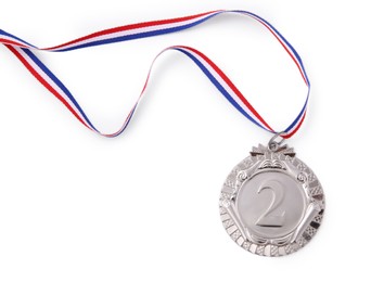 Photo of One silver medal isolated on white, top view