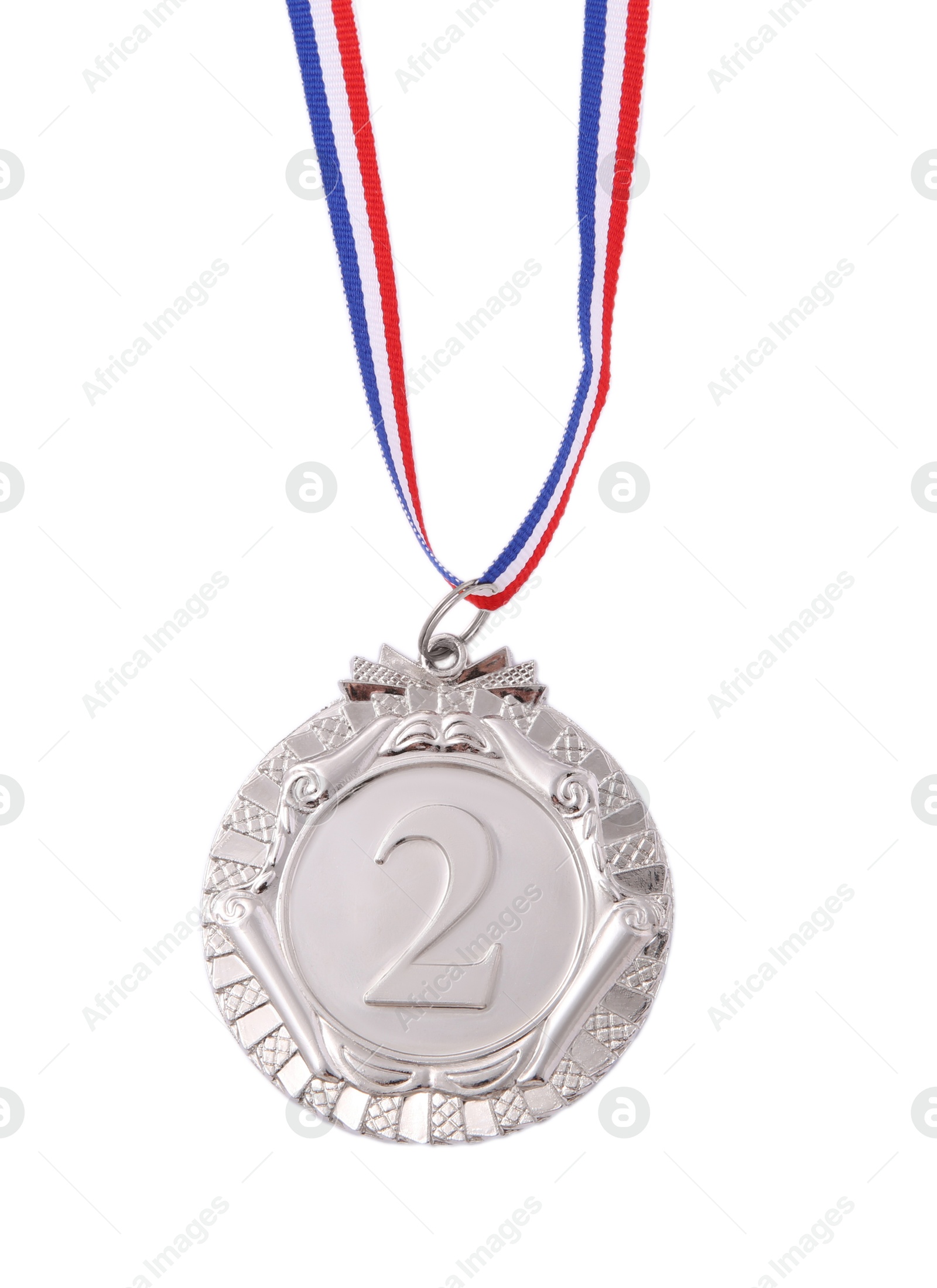 Photo of One silver medal isolated on white, top view