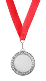 Photo of One bronze medal with ribbon isolated on white