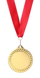 Photo of One golden medal with ribbon isolated on white