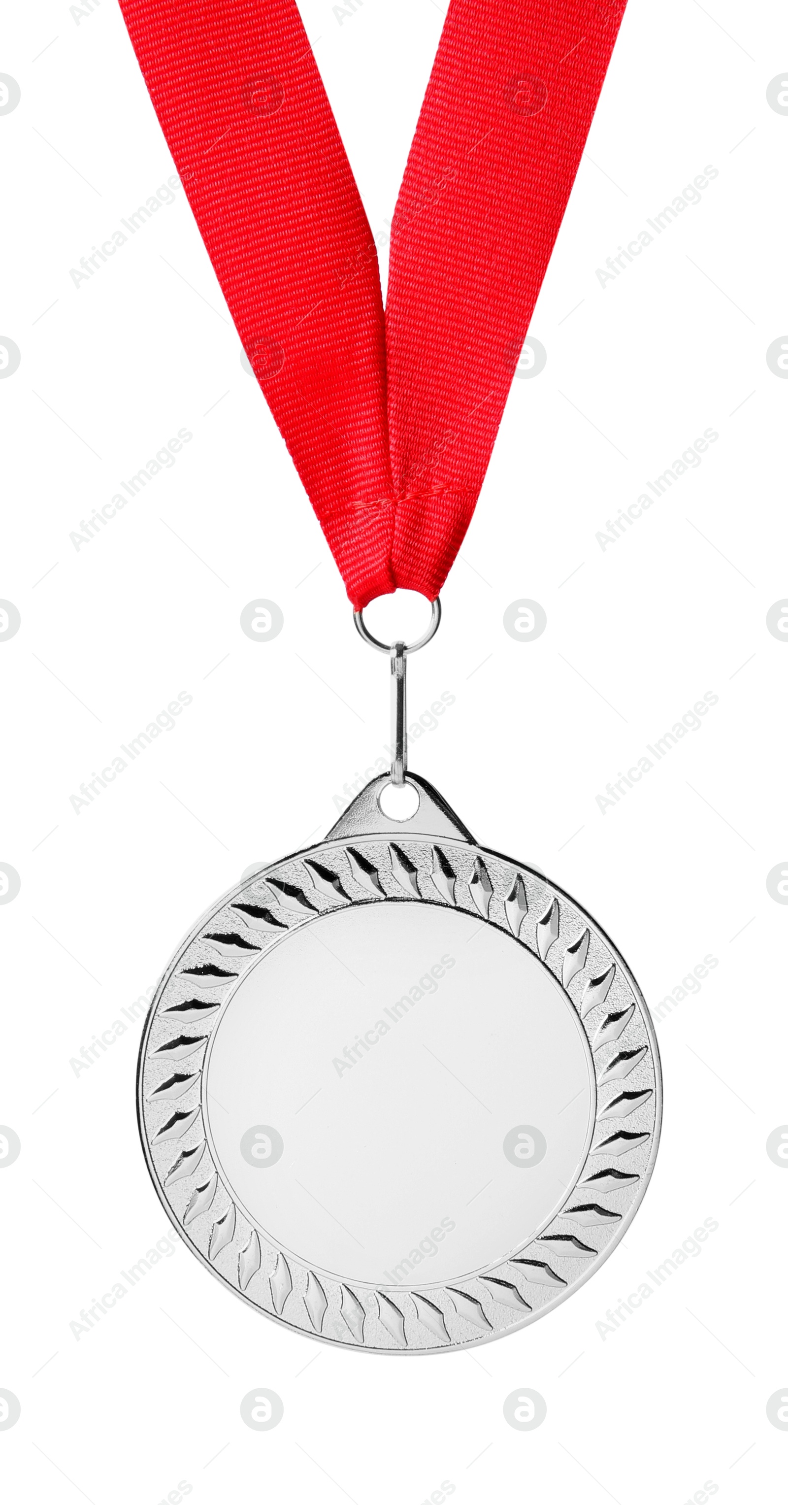 Photo of One silver medal with ribbon isolated on white