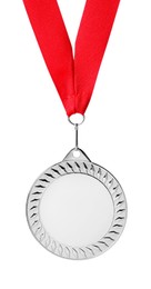 Photo of One silver medal with ribbon isolated on white