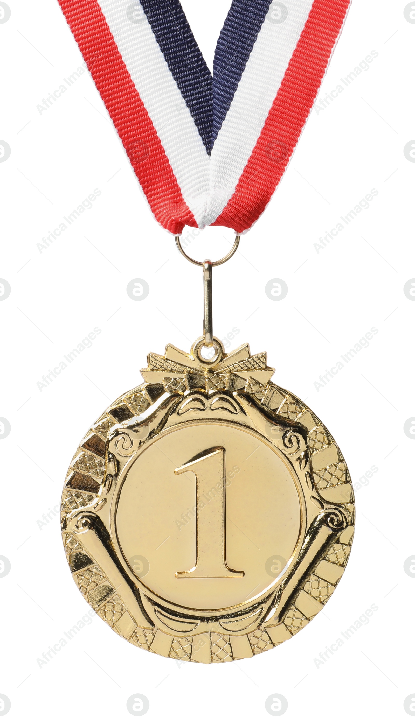 Photo of Golden medal with striped ribbon isolated on white