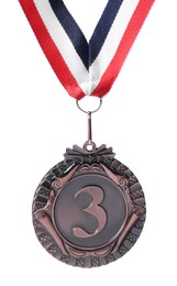 Photo of Bronze medal with striped ribbon isolated on white