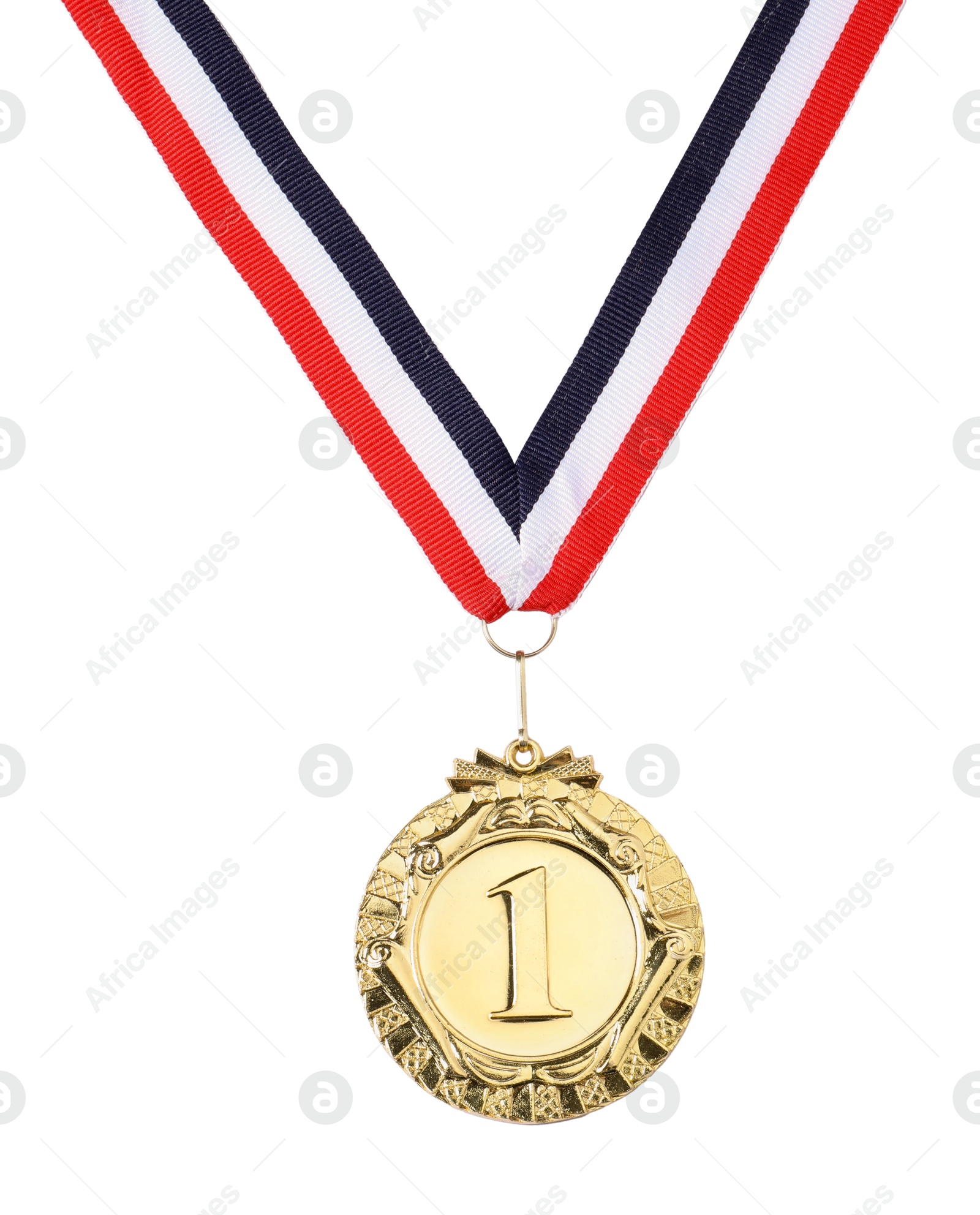 Photo of Golden medal with striped ribbon isolated on white, top view