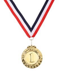 Photo of Golden medal with striped ribbon isolated on white, top view