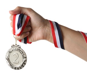 Photo of Woman with silver medal on white background, closeup