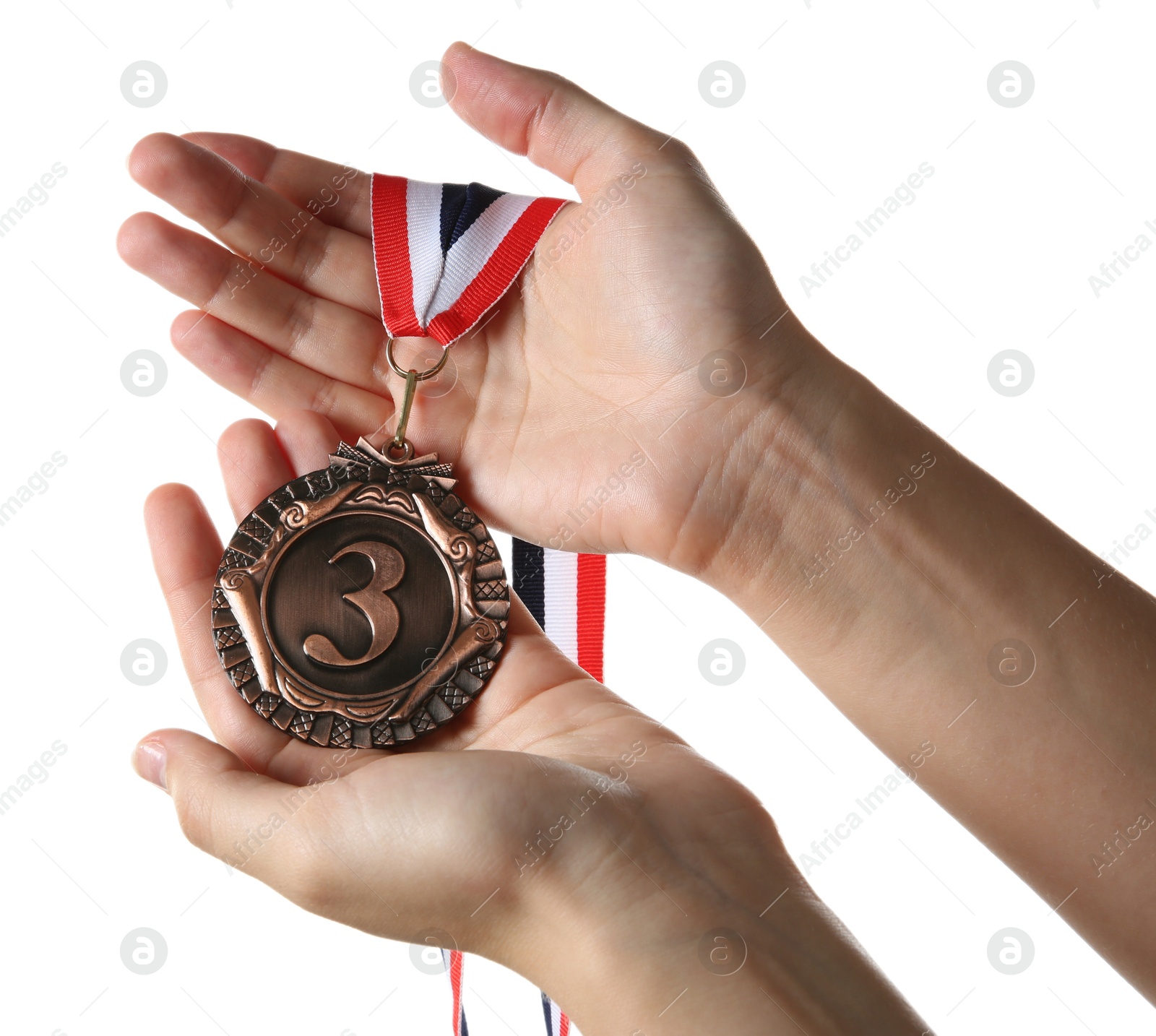 Photo of Woman with bronze medal on white background, closeup