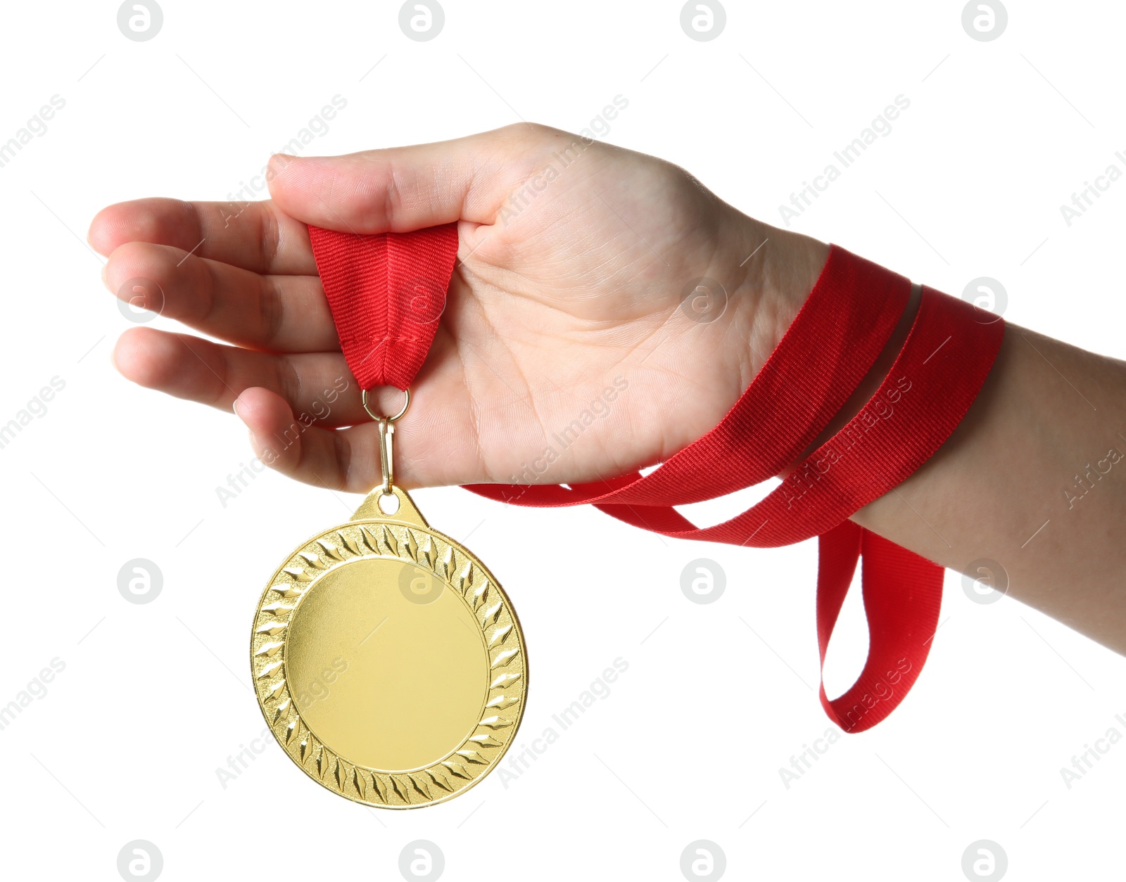 Photo of Woman with golden medal on white background, closeup