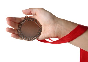 Photo of Woman with bronze medal on white background, closeup