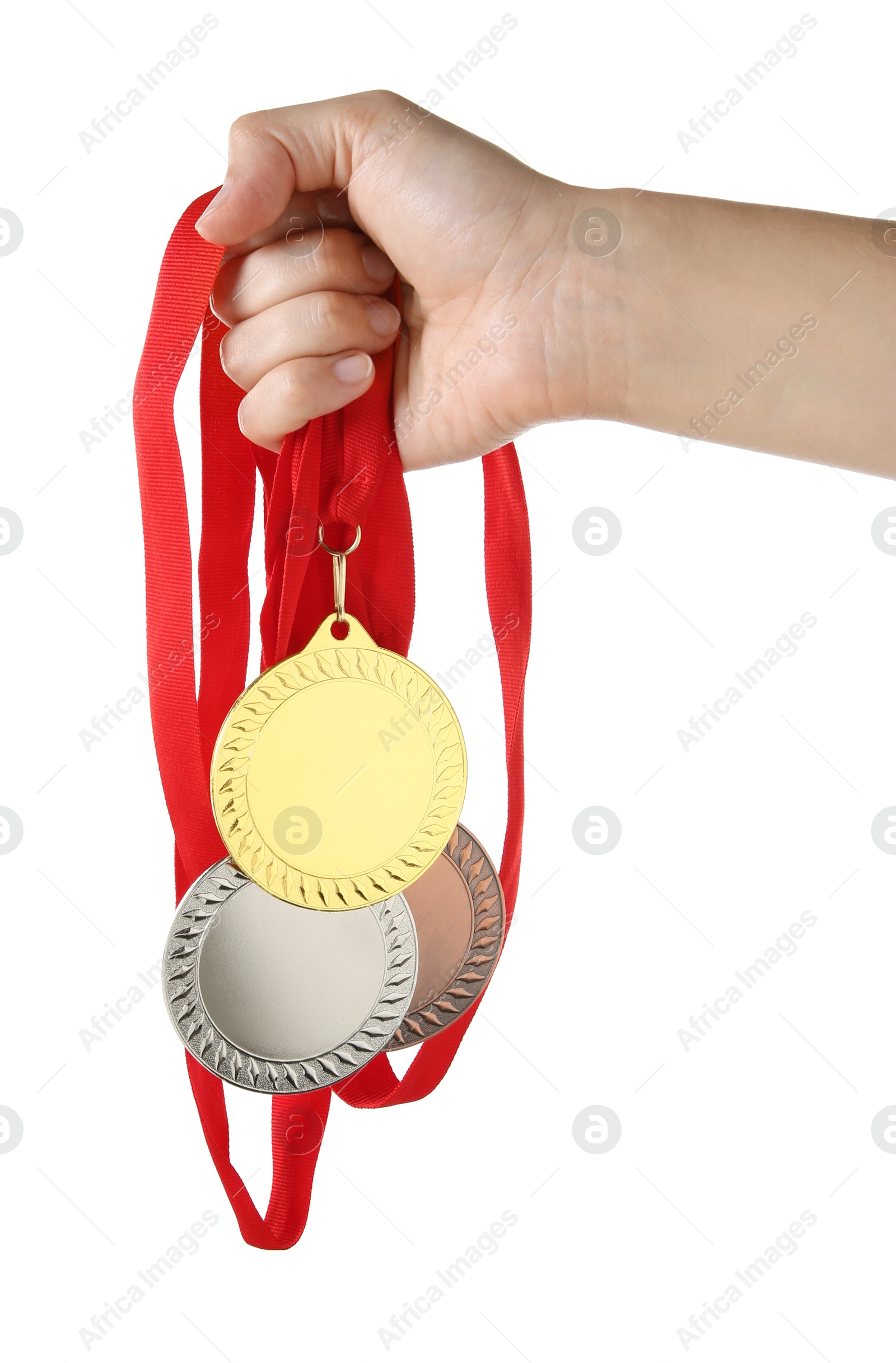 Photo of Woman with different medals on white background, closeup